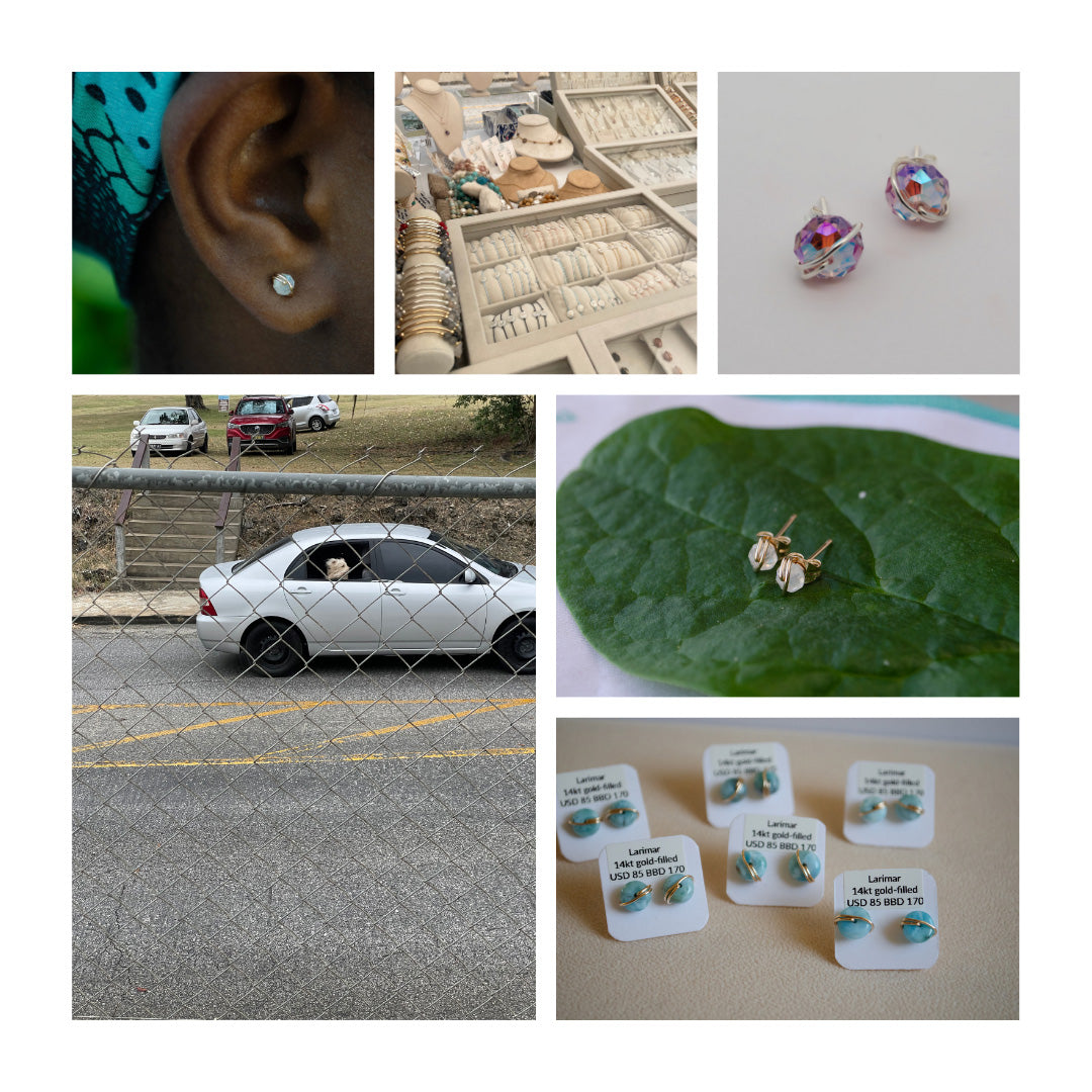 Summer gems blog update  showing Buddy our dog the plane studs , the sparkle studs and a few of our larimar gemstone studs 
