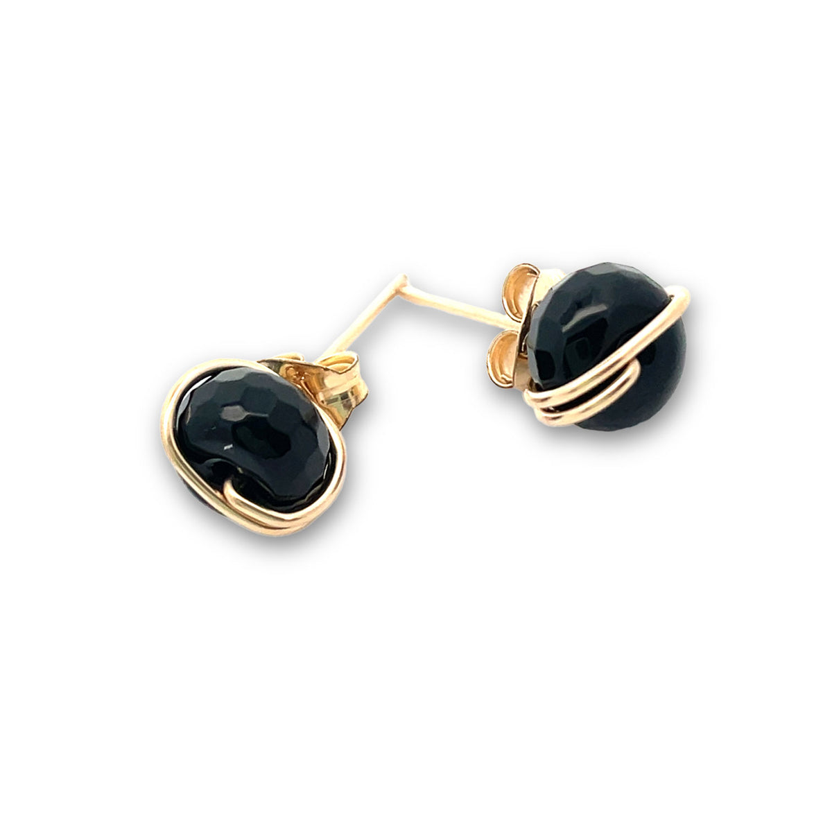 Black onyx stud earrings in 14k gold filled wire wrap