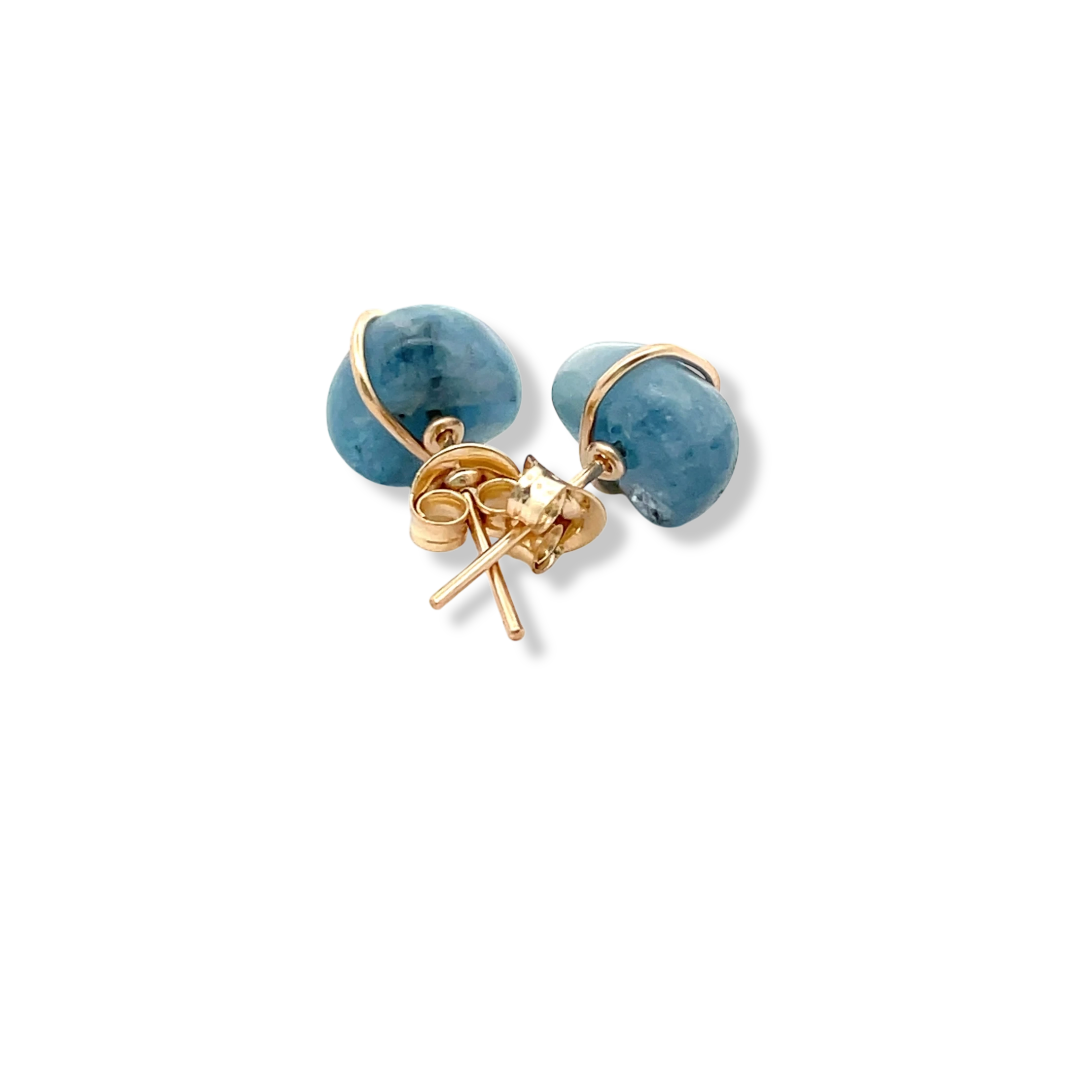 Deep blue aquamarine stud earrings in 14kt gold-filled, handmade in Barbados. back image 