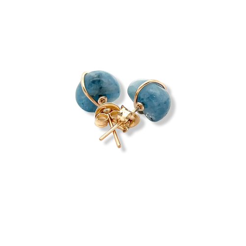 Deep blue aquamarine stud earrings in 14kt gold-filled, handmade in Barbados. back image 