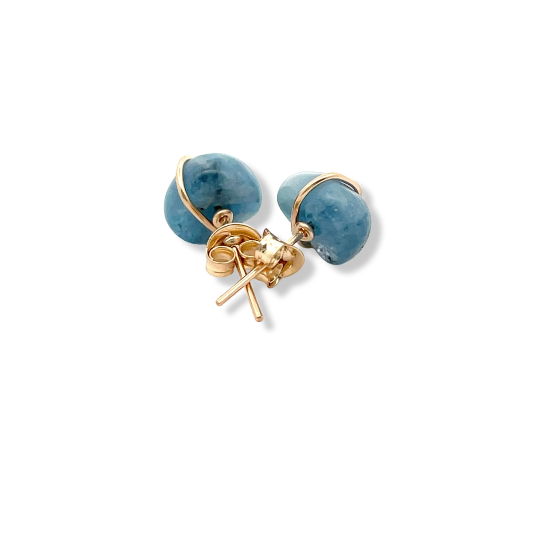 Deep blue aquamarine stud earrings in 14kt gold-filled, handmade in Barbados. back image 