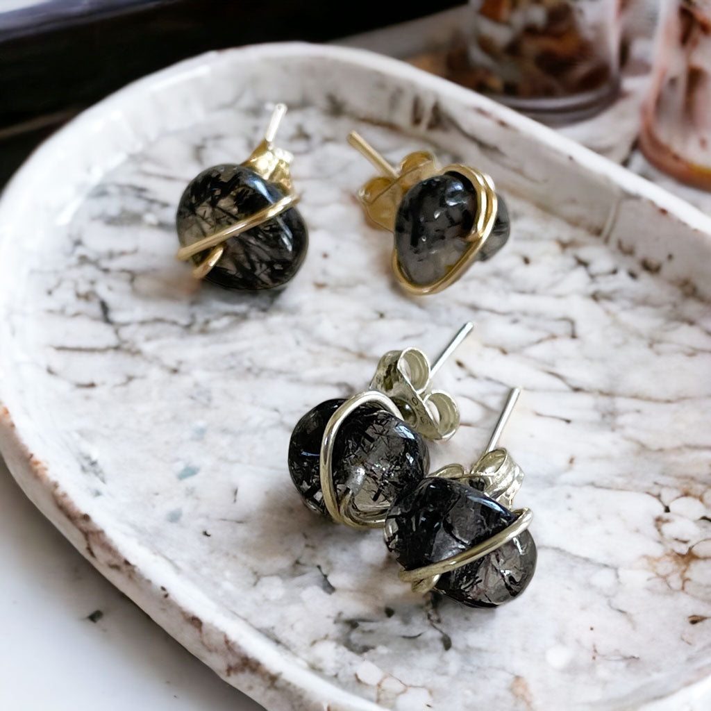 Black Rutilated Quartz | Stud Earrings by Summer Gems - Handmade in Barbados