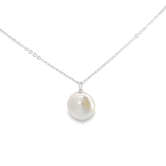 flat coin pearl necklace in silver 