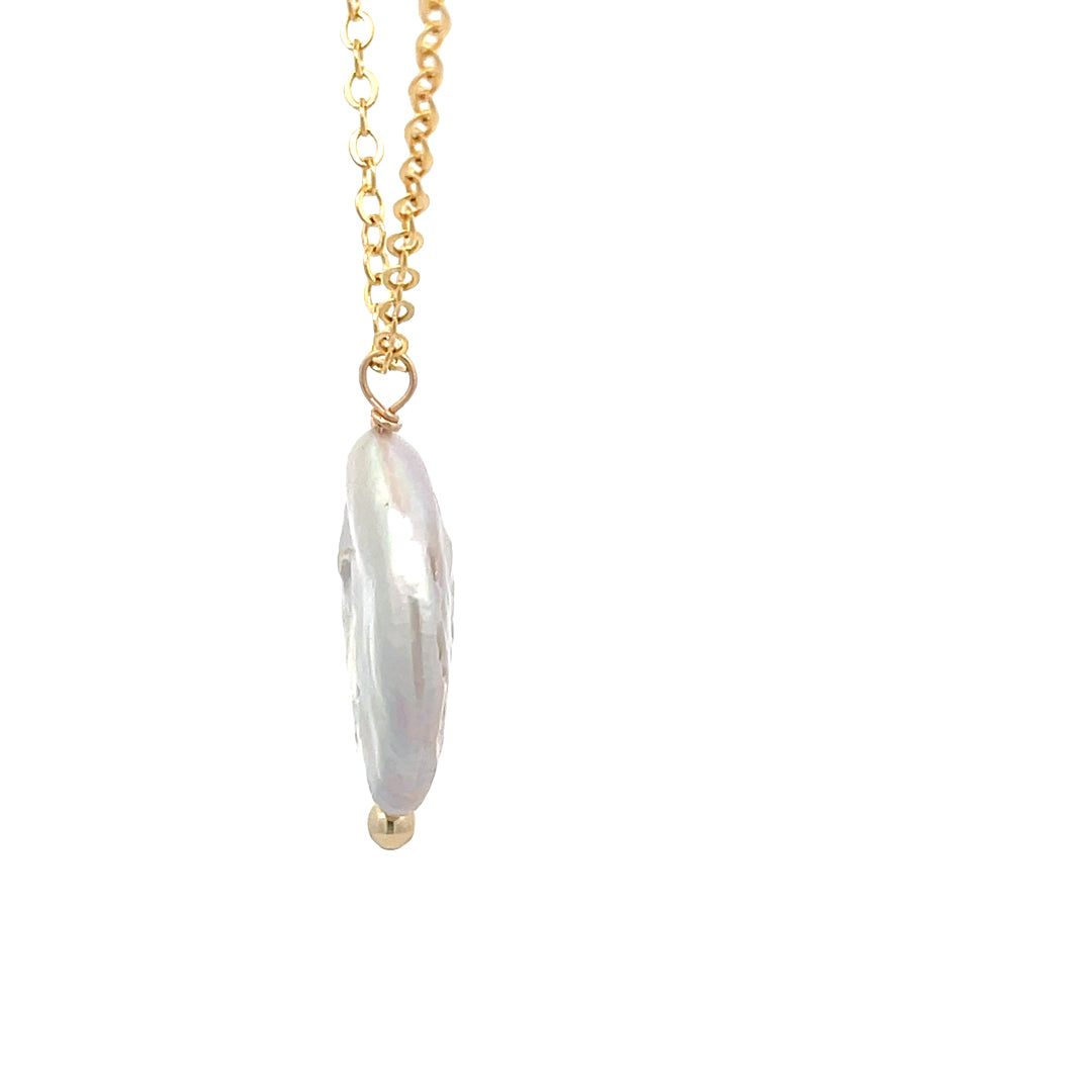 Large coin pearl necklace side view 
