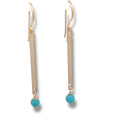 Minimalist gold bar earrings with a small turquoise gemstone, handcrafted in 14K gold-filled, 2-inch lightweight drop earrings for everyday wear.
