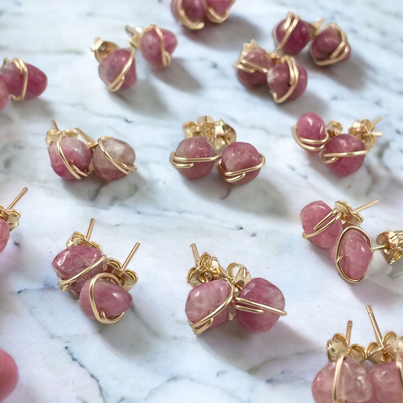 gold pink tourmaline stud earrings