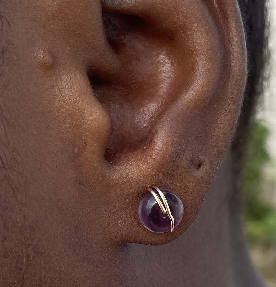 purple fluorite stud earring in gold 