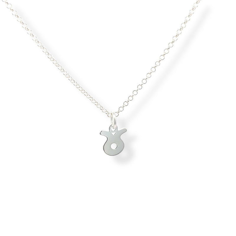 Close-up of a Taurus pendant hanging from a dainty sterling silver chain, displayed on a white background.