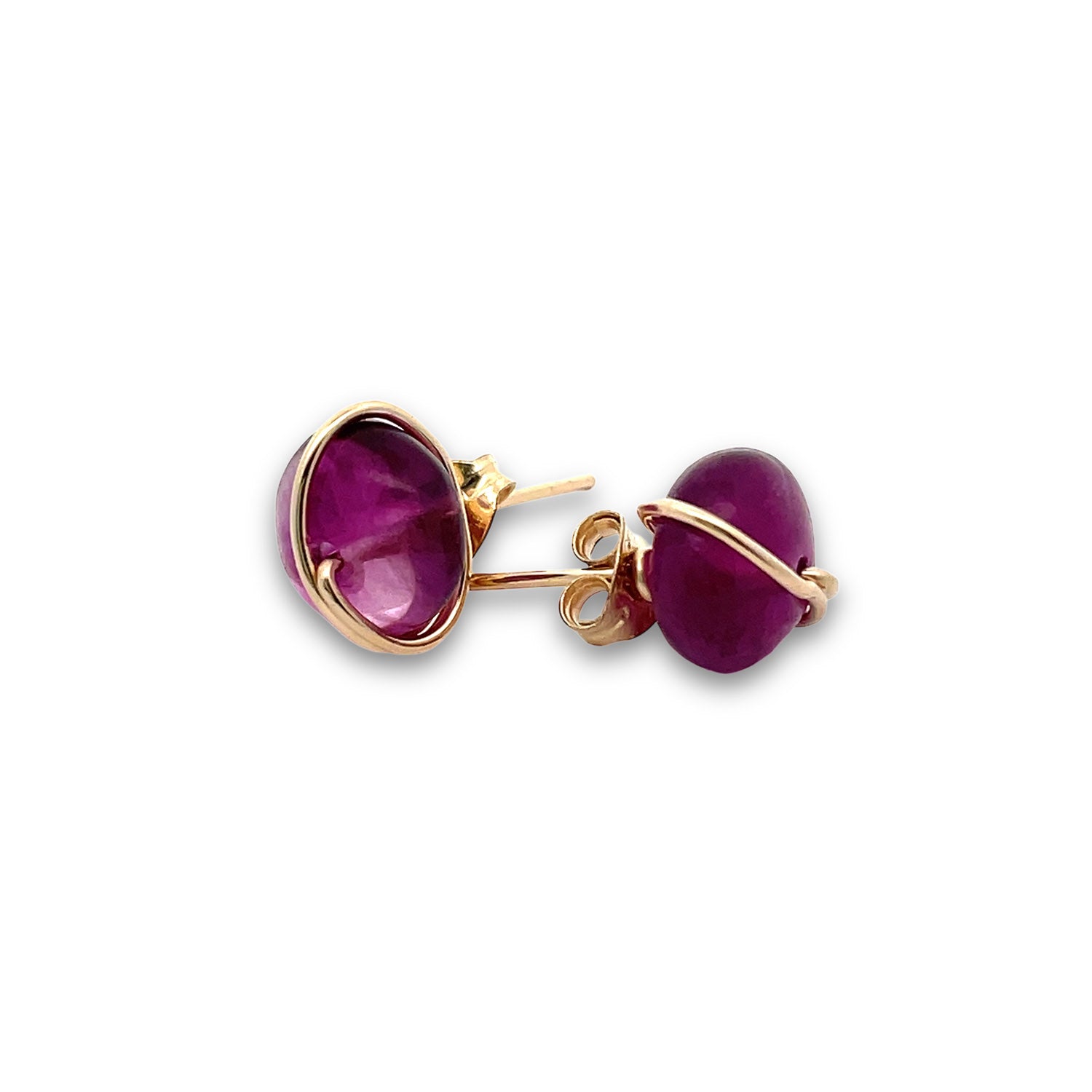 Raspberry fluorite gemstone stud earrings in gold 