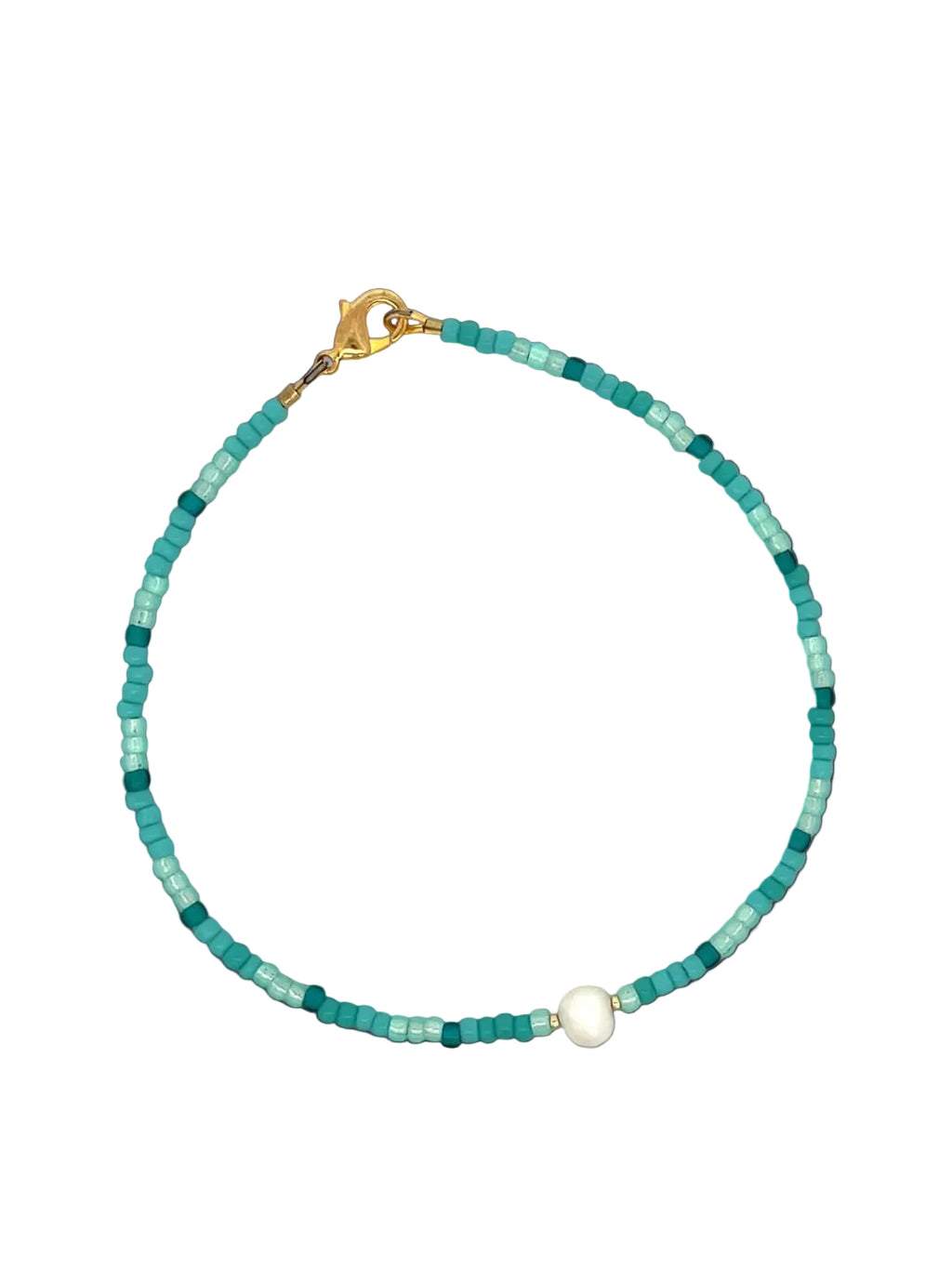 Teal beaded anklet  with a gold clasp on a white background