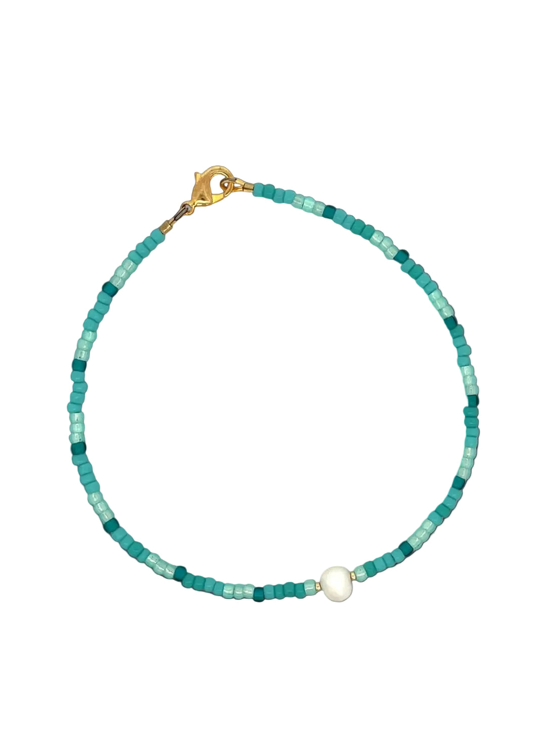 Teal beaded anklet  with a gold clasp on a white background