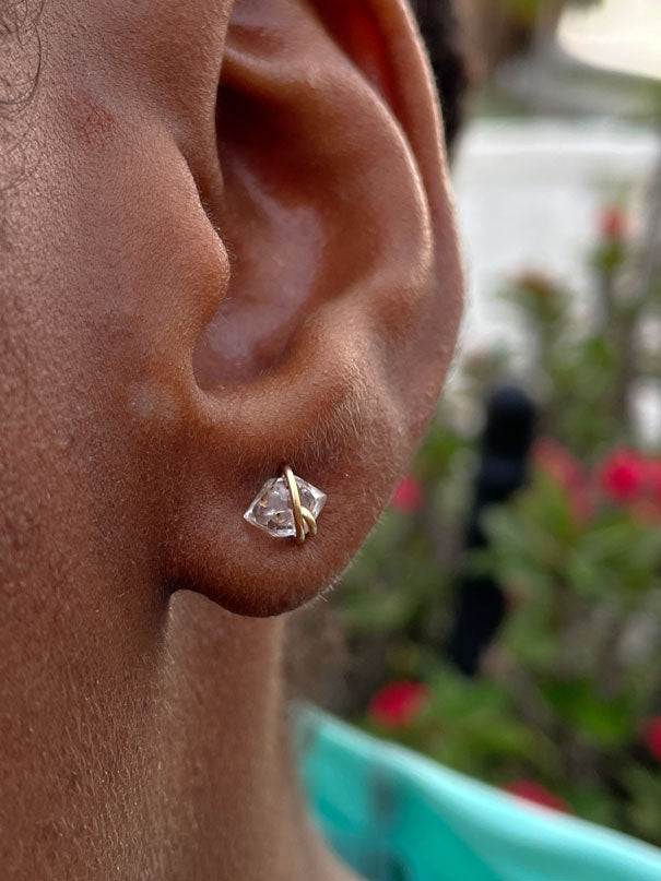 Upclose shot of clear quartz stud earrings on model 