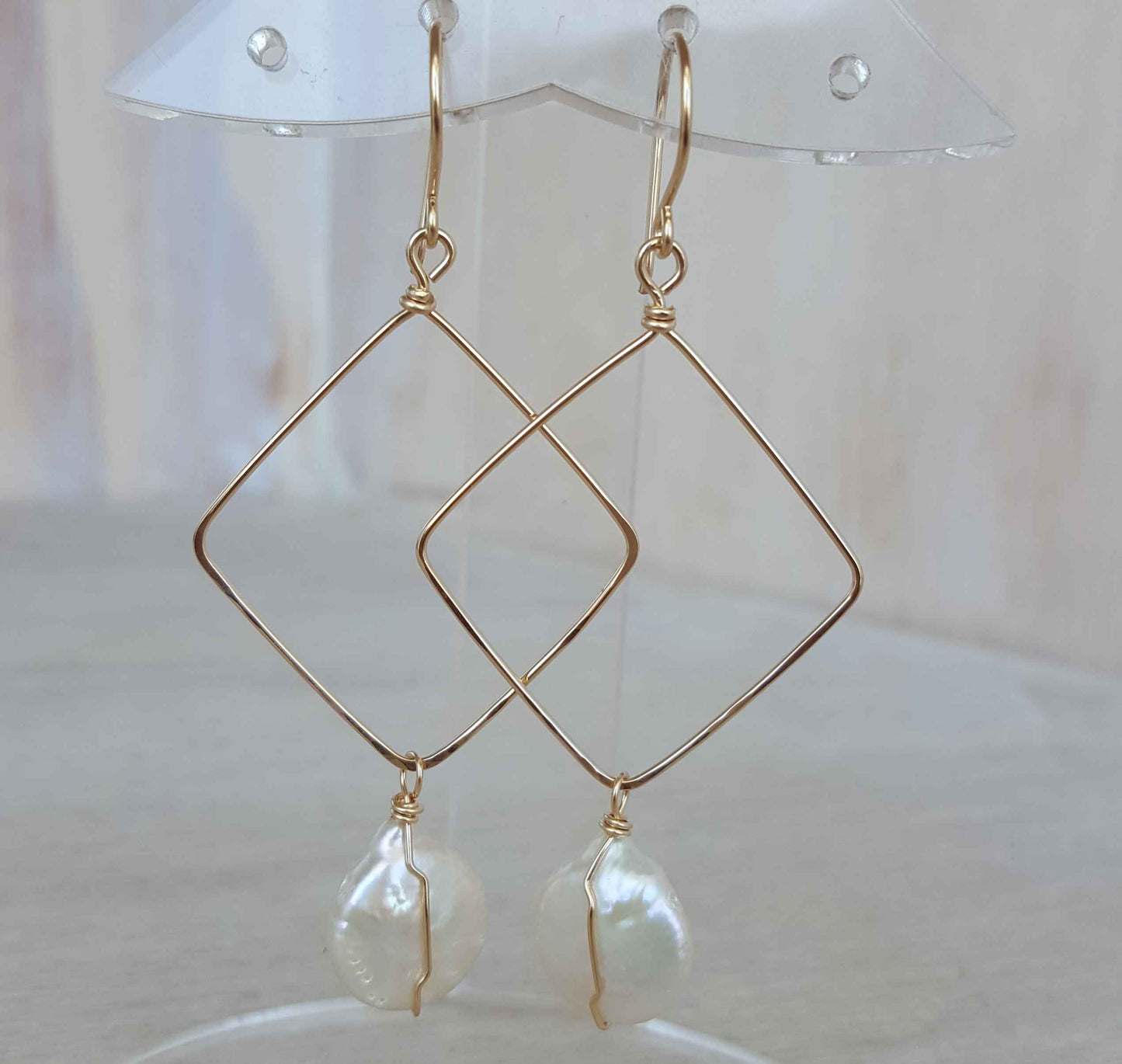 Pearl and diamond hoop earrings  | Gemstone charm