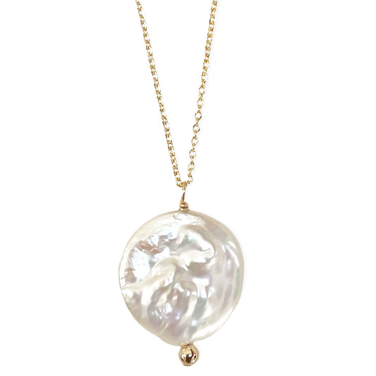 white freshwater coin pearl necklace on a 14kt gold-filled chain 