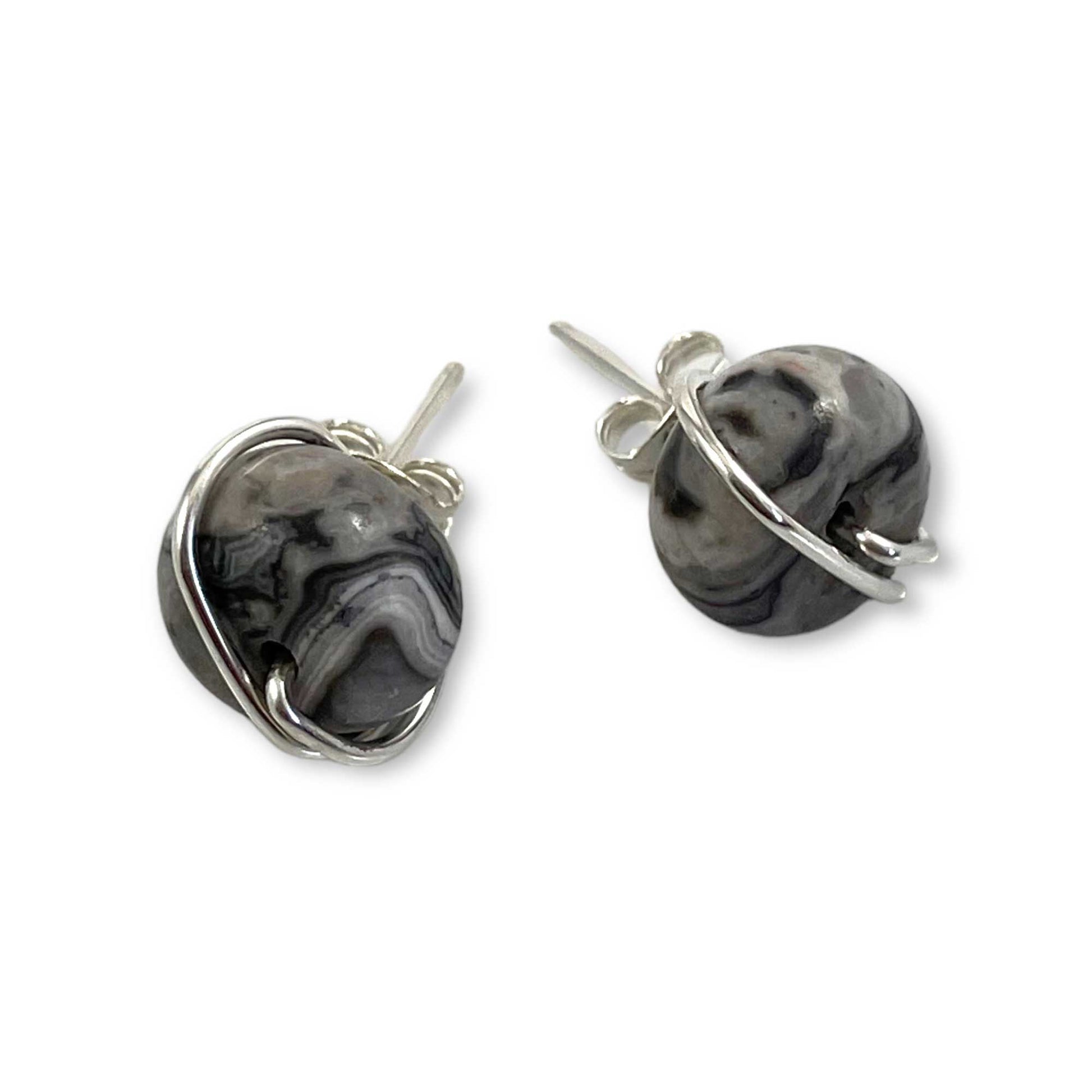 grey jasper stud earrings in sterling silver 