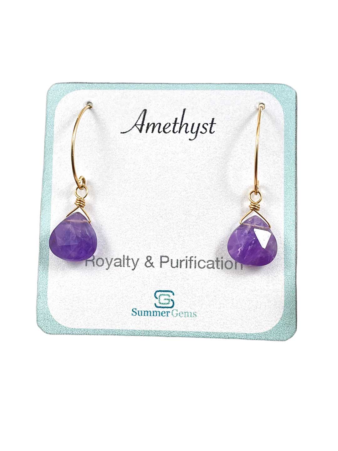Amethyst drop earrings on gemstone card 