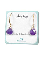 Load image into Gallery viewer, Amethyst drop earrings on gemstone card 
