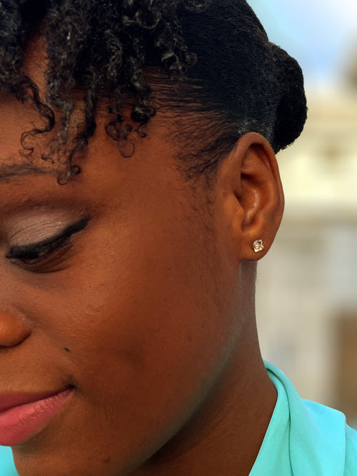 model wearing clear quartz stud earrings 