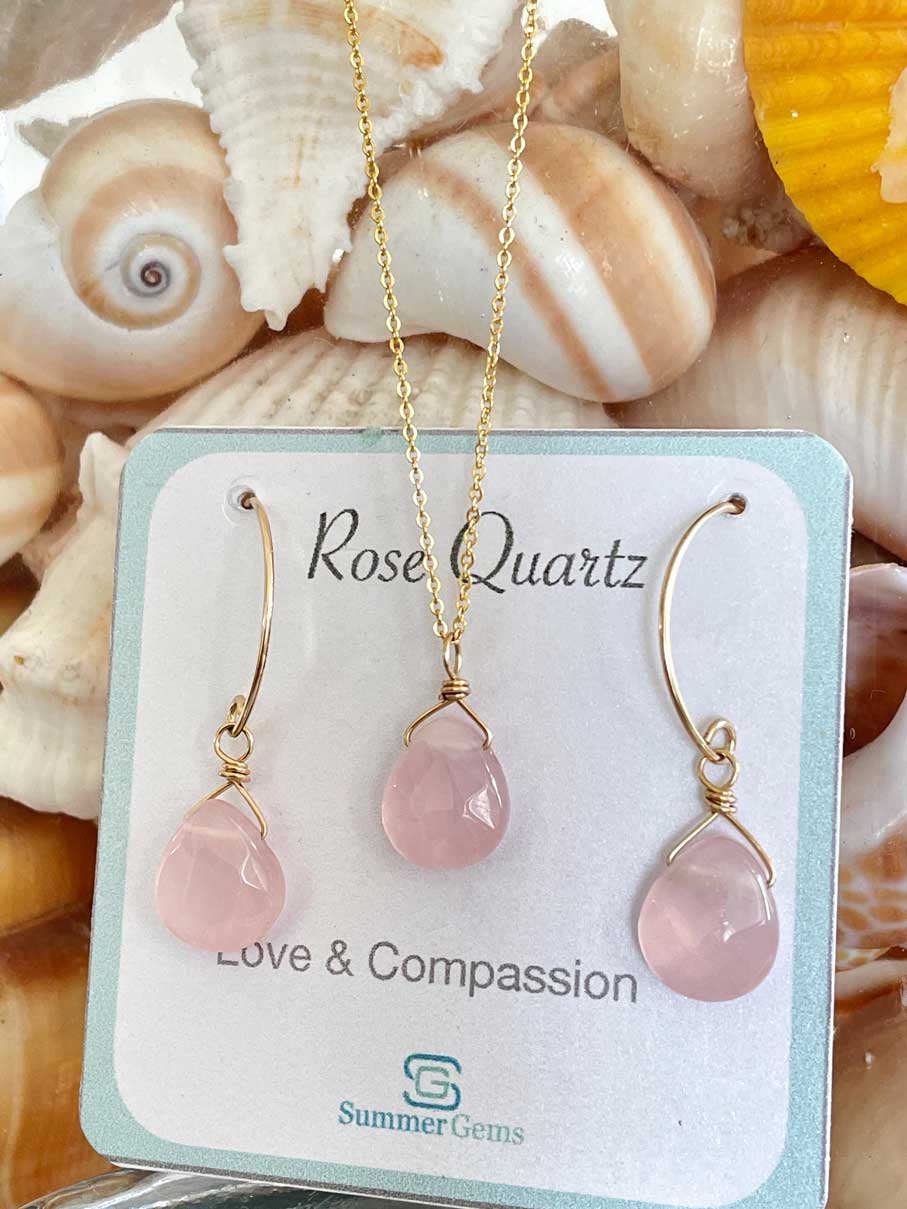 faceted rose quartz earrings and necklace
