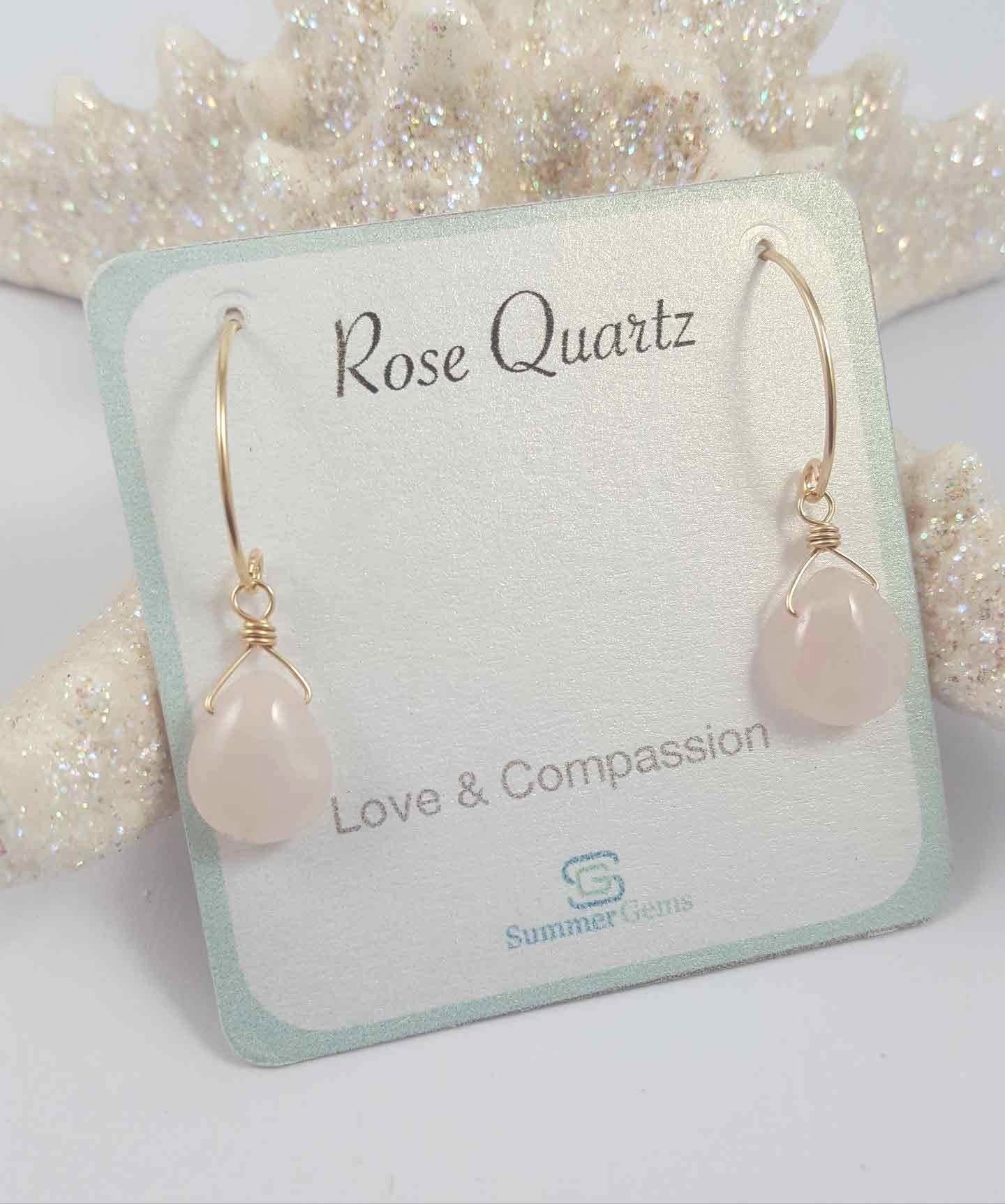 Rose quartz drop earrings | Petal hoop collection - Summer Gems